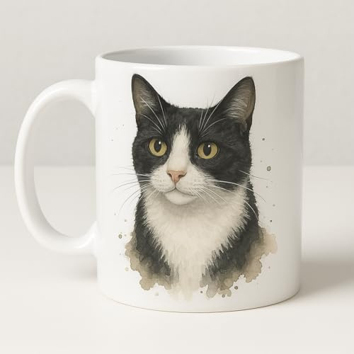 Brew Crew Gifts Black and White Cat Watercolour Ceramic Mug, 11 oz, Dishwasher Safe, Double-Sided Print, Glossy Finish, Contemporary Style
