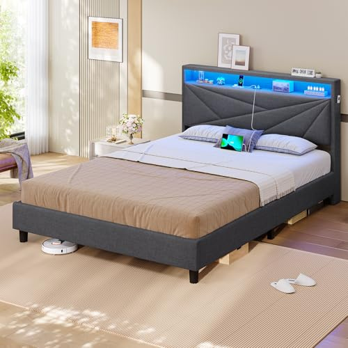 KIMENICH Bett 140 X 200 mit LED Beleuchtung, Polsterbett mit Steckdosen, Kopfteil mit Stauraum, Bettgestell mit Lattenrost, Schlafzimmer, Leinenstoff Grau