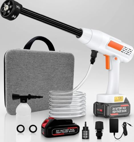 Hidrolimpiadora de Alta Presión, Hidrolimpiadora a Batería Portatil, Pistola de Agua a Presión con 6 en 1 Boquilla Multiusos, 1 x Batería y Tubo de 5 m, para Coche, Suelo, Jardín, Limpieza y Riego