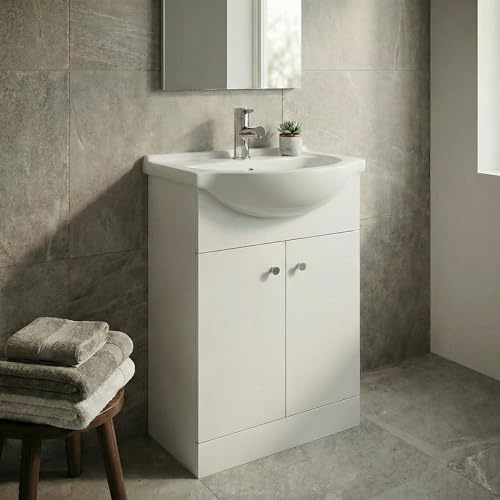 BAYSTONE 650mm Bathroom Vanity Unit Ceramic Basin Sink, Soft Close Door, Single Tap Hole Wash Basins, Freestanding, Furniture Storage Cabinet, Matt White