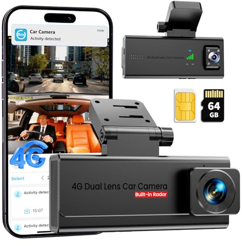UCOCARE 4G LTE Dashcam mit SIM-Karte, Fernzugriff & Parküberwachung 24/7 | Live-Ansicht per App, 2-Wege-Audio, Radar-Bewegungsalarm, GPS, G-Sensor, Mehrbenutzerzugriff, Für Taxi, Flotten & Familien