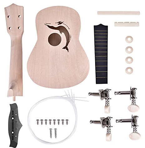 Ukelele de Madera de Til de 21 Pulgadas, Kit DIY con 4 Cuerdas, Accesorios en Patrón Petal - Material Ligero y Seguro, Fácil Ensamblaje, Ideal para Niños y Principiantes (Delfín)