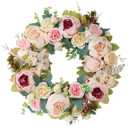 45cm Decorative Artificial Floral Wreath, Spring Summer Door Wreath for Wedding Festival Party, Outdoor Wall Hanging Ornament for Indoor & Outdoor Use. (Pink)