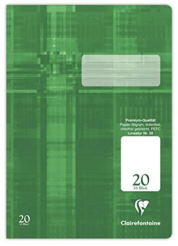 Clairefontaine 331620C – häfte perfekt för skolan, DIN A4, 32 ark, 90 g, linjerat 20 blank, grön, 1 st