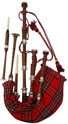 AAR Scottish Bagpipe Rosewood Royal Stewart Tartan Natural Color with Silver Plain Mounts Free Tutor Book, Carrying Bag, Drone, Reeds