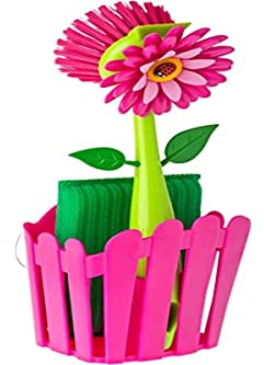 Vigar - Set Fregador - Pack de 2 Piezas - 11 x 6,5 x 25 cm - Modelo Flower Power - Estropajo y Cepillo - Ideal para Lavar Platos - Diseño Compacto - Rosa y Multicolor