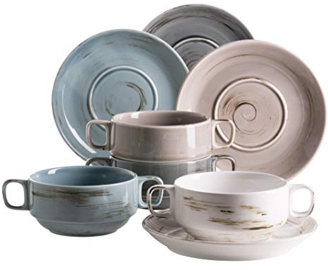 Mäser , Porzellan , Suppentassen-Set DERBY, Weiß, Beige, Grau, Blau