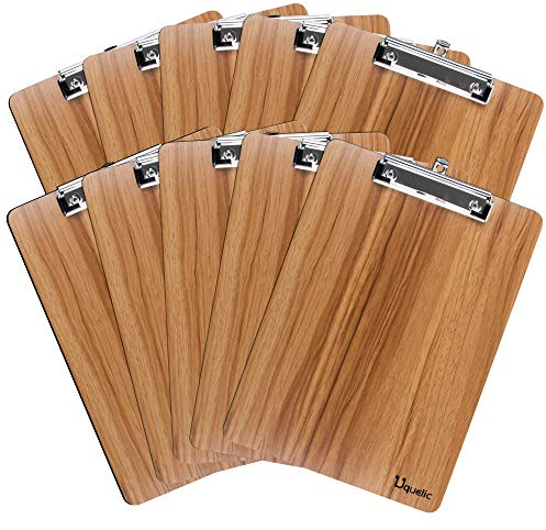Uquelic Porte-bloc A4 - 10 pièces - Élégant - Grain de bois luxueux - Coins arrondis - Clip robuste et trou de suspension