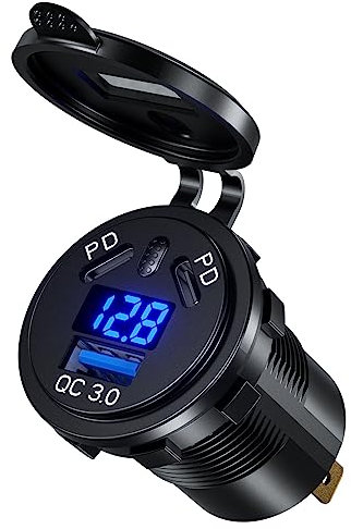 108W Presa USB Auto Doppia PD Accendisigari 12V Auto, Doppia 45W PD e 18W QC3.0 Caricatore, con Interruttore e Voltmetro, Ricarica Rapida USB C, Impermeabile, Adatto a Moto, Auto, Barche