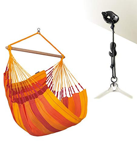 LA SIESTA Habana Vulcano Silla colgante de algodón orgánico de tamaño confortable + CasaMount Black, accesorio multiusos