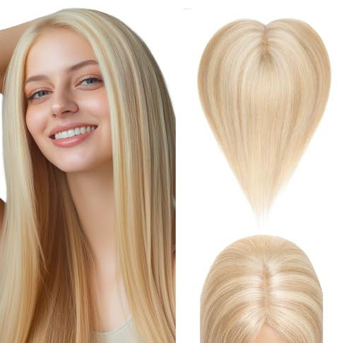 Elailite Haarteil Echthaar Topper Clip in Toupet Frauen Seide Basis Clip in Extensions Haarverlängerung 130% Dichte Remy Silk Base Glatt 40cm 50g #18/613 Aschblond＆Gebleichtes Blond