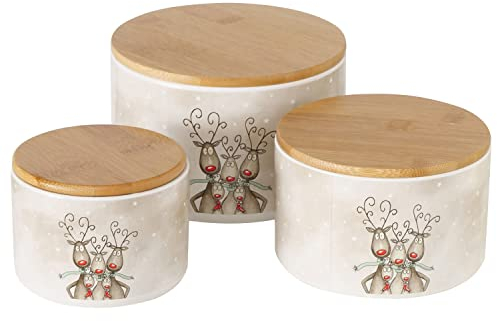 MamboCat 3tlg Set Gebäckdosen Magnus I 5 Rentiere I Ø 11cm, 13cm & 16cm I Hirsch-Dekor I runde Plätzchen-Dose mit Holz-Deckel, Weihnachts-Vorratsdose, Geschenkdosen aus Steingut I Advent