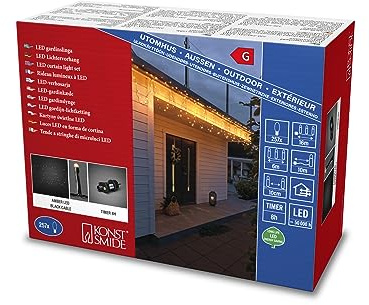 Konstsmide LED Dachrinnenlichterkette, mit 8h Timer, 257 bernsteinfarbene Dioden, 24V, Außen (IP44), 3,6W, schwarzes Kabel - 5378-800
