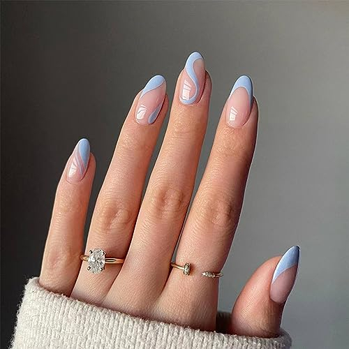 Press on Nails - 24Pcs Acrylic Artificial Fake Nails Long Oval Full Cover False Nails for Nail Art - Wearable Nail Art Fake Nails for Women Girls (Blue Wave Design)