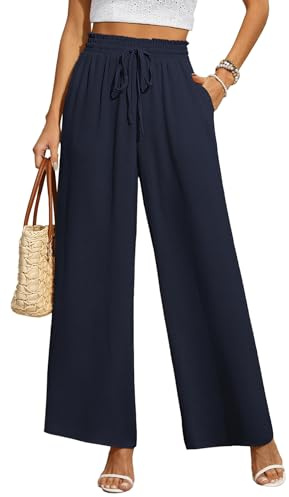 BEIGAI Pantalon ample à taille haute élastique pour femme, pantalon de détente, Palazzo élégant avec poches, bleu marine, 3XL grande taille