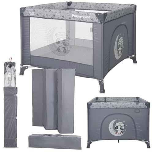 Lorelli Baby Laufstall Playground, kleiner Laufgitter 100x100 cm, Absperrgitter mit atmungsaktivem Netz, Schutzgitter mit Reißverschlusstür, faltbarer Krabbelgitter, grau