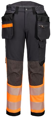 Portwest EV442 EV4 Hi-Vis Stretch Detachable Holster Trousers Boot Clip | Orange/Metal Grey, 32 Waist, EN ISO 20471 Class 1, EN 14404, Regular Fit, Reinforced Side Entry Pockets, Knee Pad Pockets