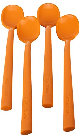 Tupperware Allegra Löffel Set 4x orange Cappuccinolöffel Müslilöffel Kaffeelöffel Mokkalöffel Dessertlöffel (inkl. 1x Schlüsselanhänger Zufällig)