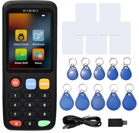 XIXEI X7 NFC - Lector de Tarjetas RFID y duplicador para Control de Acceso, Hebillas de identificación de 125 KHz y Tarjetas IC de 13,56 MHz con 5 Tarjetas UID, 5 llaveros UID y 5 llaveros T5577