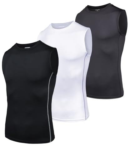 AMZSPORT Men's 3 Pack Compression Tank Top Sleeveless Functional Shirts Baselayer Undershirt Black White Grey XL