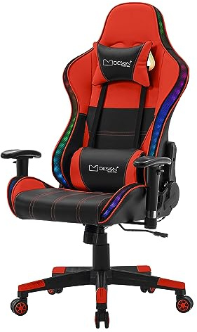 ML-Design Gaming Stuhl mit RGB LED-Beleuchtung & Bluetooth-Lautsprechern, Rot, Kunstleder, Ergonomischer Bürostuhl, Hohe Rückenlehne, Kopfstütze, Lendenkissen, drehbar-verstellbar, Racing Gamer Stuhl