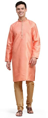 SKAVIJ Indisk Män Broderad Tunika Pyjamas Skjorta, Rosenröd, M