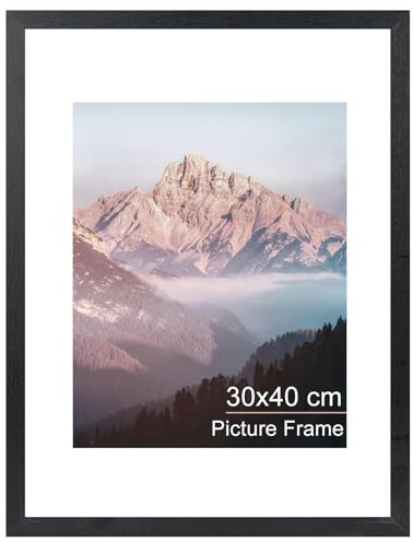 OMISHE Cadre photo en bois massif 30 x 40 cm, noir, 30 x 40 cm, avec passe-partout 21,5 x 28 cm et feuille de plexiglas, cadre en bois 30 x 40, pour suspension murale, noir, 1 pièce