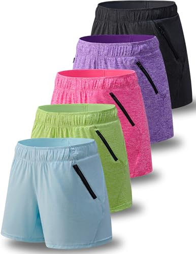 5 pack: Dam träning gymshorts casual loungeset, aktiva idrottskläder med blixtlåsfickor, Svart/lila/babyblå/ljusrosa/neongul, XL