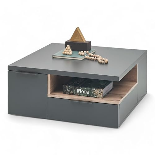 ENNA Couchtisch mit Schubladen, Dunkelgrau Rima Eiche Optik - 80 x 35 x 80 | 2 Schubkästen, 1 offenes Fach, Wohnzimmer, mit Stauraum, modern, grau, Sofatisch
