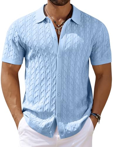 COOFANDY Mens Casual Waffle Knit Shirts Button Up Short Sleeve Shirts Beach Summer Wedding Dress Shirt Loose Fit Shirts Light Blue