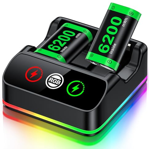 HELLCOOL Xbox Controller Battery Pack with Charger, 2 x 6200mWh Rechargeable Batteries – 20+ Hours Playtime, RGB Charging Dock, Compatible with Xbox One/Series Controller