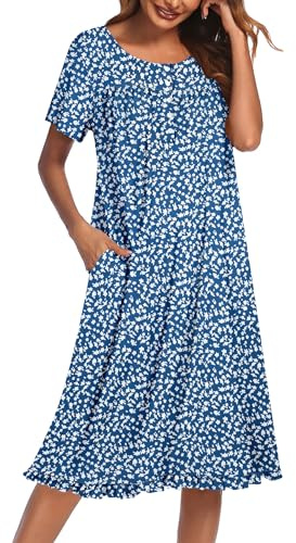 Ekouaer Nightgowns for Women with Pockets Button Front Short Sleeve House Dresses Floral Print Mumu Dress, Blue, 3X-Large
