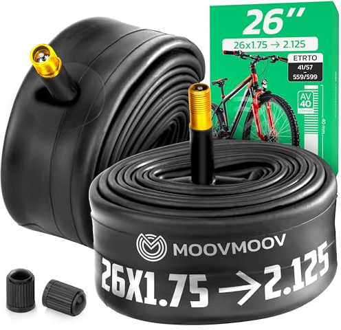 MOOVMOOV Camera d’Aria 26 Pollici - Per Pneumatici 26x1.75, 26x1.85, 26x1.90, 26x1.95, 26x2.0, 26x2.10 e 26x2.125 - ETRTO da 41-559 a 57-559 - Valvola Schrader - Confezione da 2 - Bici e MTB