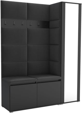 Brent - Garderobenschrank Flur Schwarz mit sitzbank 145 cm Breit Luton 7 - Multifunktionale Flurgarderobe Set mit Stauraum und Wandpaneel, Garderobe mit Sitzfläche und Kleiderhaken