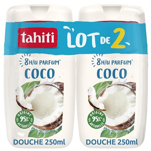 Tahiti, Gel Douche Monoi Coco Jasmin, Parfum Exotique, Lot de 2 x 250 ml | Crème de douche hydratante, Parfum enivrant de noix de coco et jasmin longue durée 8h, Formule à 95% d'origine naturelle*