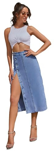 SUIUOI Gonna in jeans da donna, linea A, in denim, abbottonatura laterale, casual, lunga con fessura, vita alta, orlo Raw Denim Rock – Button Up Jean Rock con Split, Blu scuro, XS
