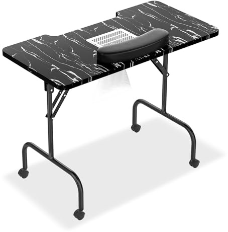 Aufun Table de manucure 90x40x72 cm avec aspiration, pliable, poste de travail pour ongles, table de manucure portable avec aspiration de poussière et 4 roues pour foyers, studios de manucure, salons