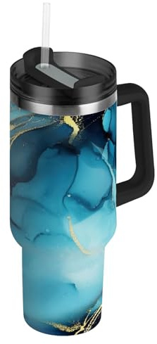 RPLIFE Wasserbecher mit Griff, Wasserfarben-Marmor, Wasserbecher mit Strohhalm und Deckel, Edelstahlbecher für Damen und Herren, Dunkelblau, Türkis