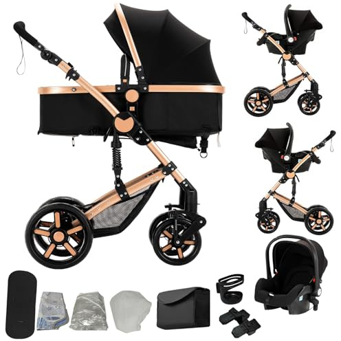 Sianldcone 3-i-1 babyvagn, högkvalitativa tyger barnvagn 3 delar, öppen sikt vändbar promenadstol, tvåvägs push babyvagnar (588 svart guld)