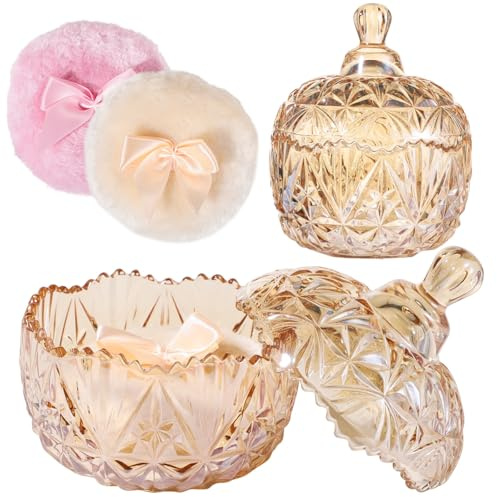 Set mit 3 dekorativen Glas-Puderquasten-Behältern, inklusive großen Puffs für Körperpuder