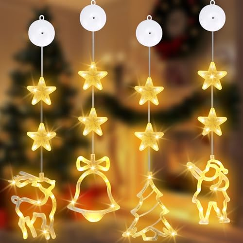4 LED Weihnachtsbeleuchtung, Weihnachtslichtervorhang, Lichterkette Weihnachtsmann mit Saugnapf, Timer, 2 Modi, Batteriebetrieben, IP44 Weihnachtsdeko Innen&Außen für Fenster Zimmer Balkon Garten