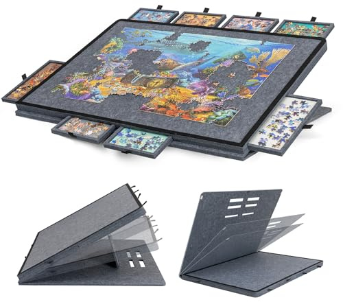 Becko US Tablero de rompecabezas inclinable con soporte y cubierta 2 en 1, estuche de almacenamiento de fieltro ligero con 8 cajones para adultos y niños, mesa de rompecabezas portátil para juegos de