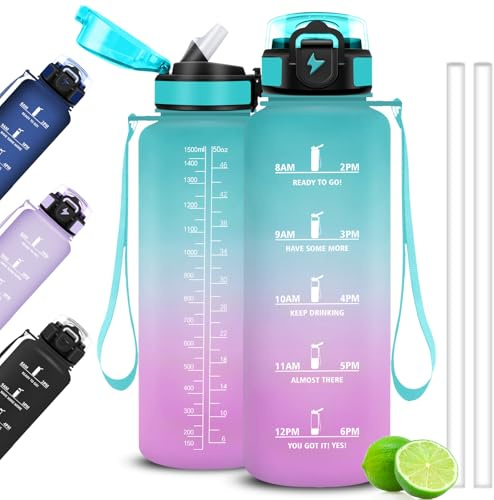 Mujigaga 1,5 liter vattenflaska med sugrör och tider för att dricka, motiverande, läckagesäkra flaskor för Gym, skola, sport, yoga