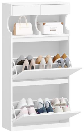 Hzuaneri Schuhschrank, Schuhkipper Schmal,12 Paar, 2 Klappen(60B cm), Weiß | Verstellbar, Schuhkommode für Eingang, Flur, Garderobe, SR46603X