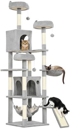PawHut Tiragraffi per Gatti Alto 192 cm, Albero per Gatti Multilivello con 8 Pali Graffiatoi in Sisal, 2 Grotte, 3 Cucce, 2 Amache, 3 Pompon, Piattaforme, Rampa, Torre per Gattini, in Peluche, Grigio