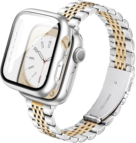 Vamyzji Slim Stainless Steel Strap with Case for Apple Watch Straps Women Ladies 40mm 44mm, Metal Gold iWatch Strap and Cover with Screen Protector for iWatch SE3 SE2 SE Series 6 5 4 40mm 44mm