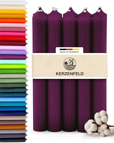 Premium Stabkerzen Aubergine durchgefärbt, 10 Stück, 180mm x 22mm | Made in Germany, Lange Brenndauer 8+ Stunden - Bunte Spitzkerzen Ohne Tropfen & Rußen - RAL-Zertifizierte Haushaltskerzen