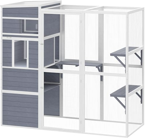 PawHut Katzengehege Outdoor aus Holz mit 3 Plattformen für 3-4 Katze Grau | Katzenhaus, Wetterfestes Dach, Ruhebereich, Fenster, Drahtgitter, Katzenkäfig, Bis 10 Kg, Drinnen Und Draußen