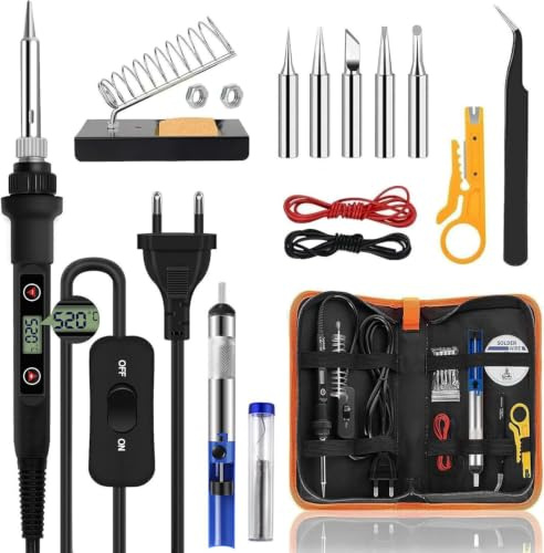 Lötkolben Set 80W LCD Einstellbar Temperatur 180-520°C Lötkolben mit Schalter, 15s Schnelles Aufheizen, 5 Lötspitzen, 50g Lötdraht, Pinzetten, Entlötpumpe, Ständer, Lötset für Elektronik Reparatur