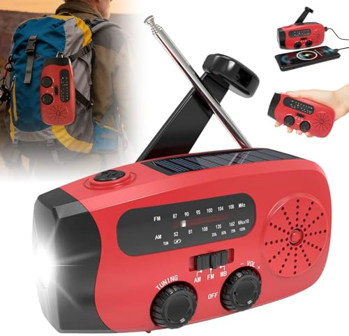 Kurbelradio mit Solar und LED Taschenlampe, 3-LED-Taschenlampe/AM/FM/Wetter/USB-Handyaufladung, Tragbar für Camping, Wandern & Notfallvorsorge